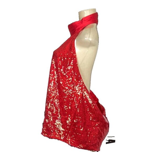 New York & Company +3X Red Sequin Lined High Satin Neck Open Back Halter Blouse - Picture 5 of 6